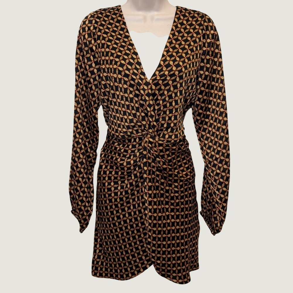 Minkpink Valentina Mini Dress S Black Orange Geometric Twist Front Boho Chic